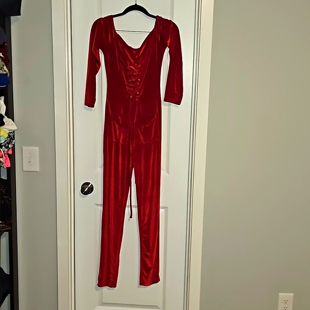 Sexy Devil Ladies Red Velvet Stretchy long full catsuit Corset Costume Halloween